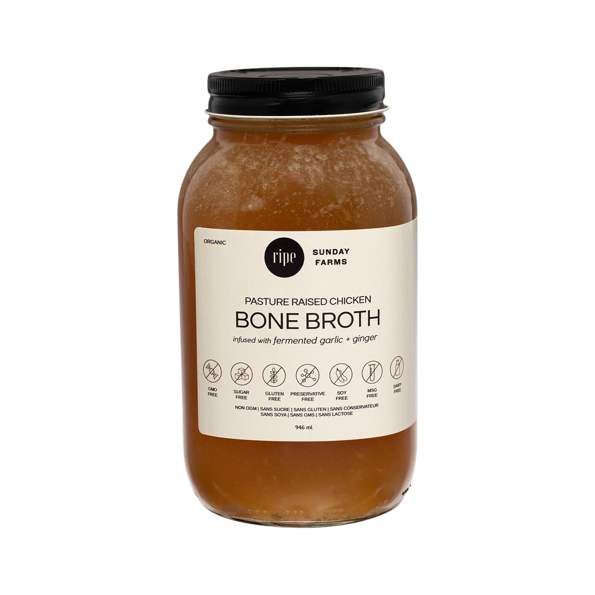 Bouillon d'os de poulet mûri avec ail et gingembre fermentés