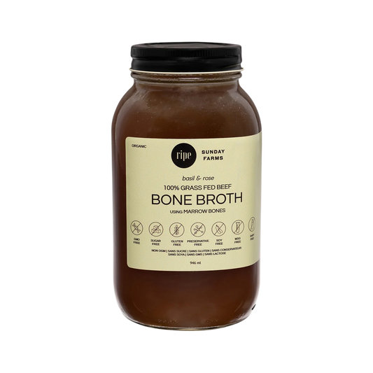 Bouillon d'Os de Bœuf Nourri à l'Herbe, Mûri, au Basilic et à la Rose