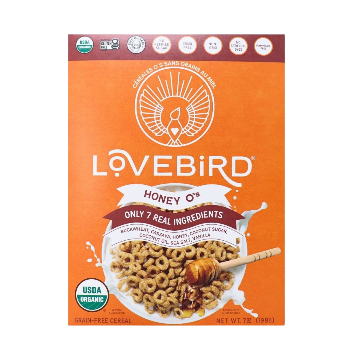 Lovebird Honey O's cereal box with an orange background