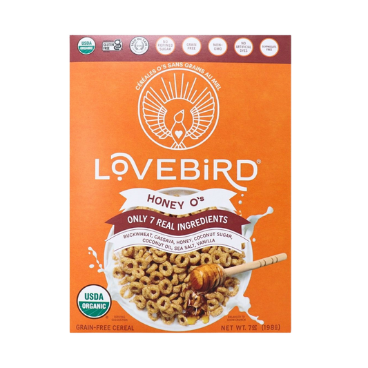 Lovebird Honey O's cereal box with an orange background