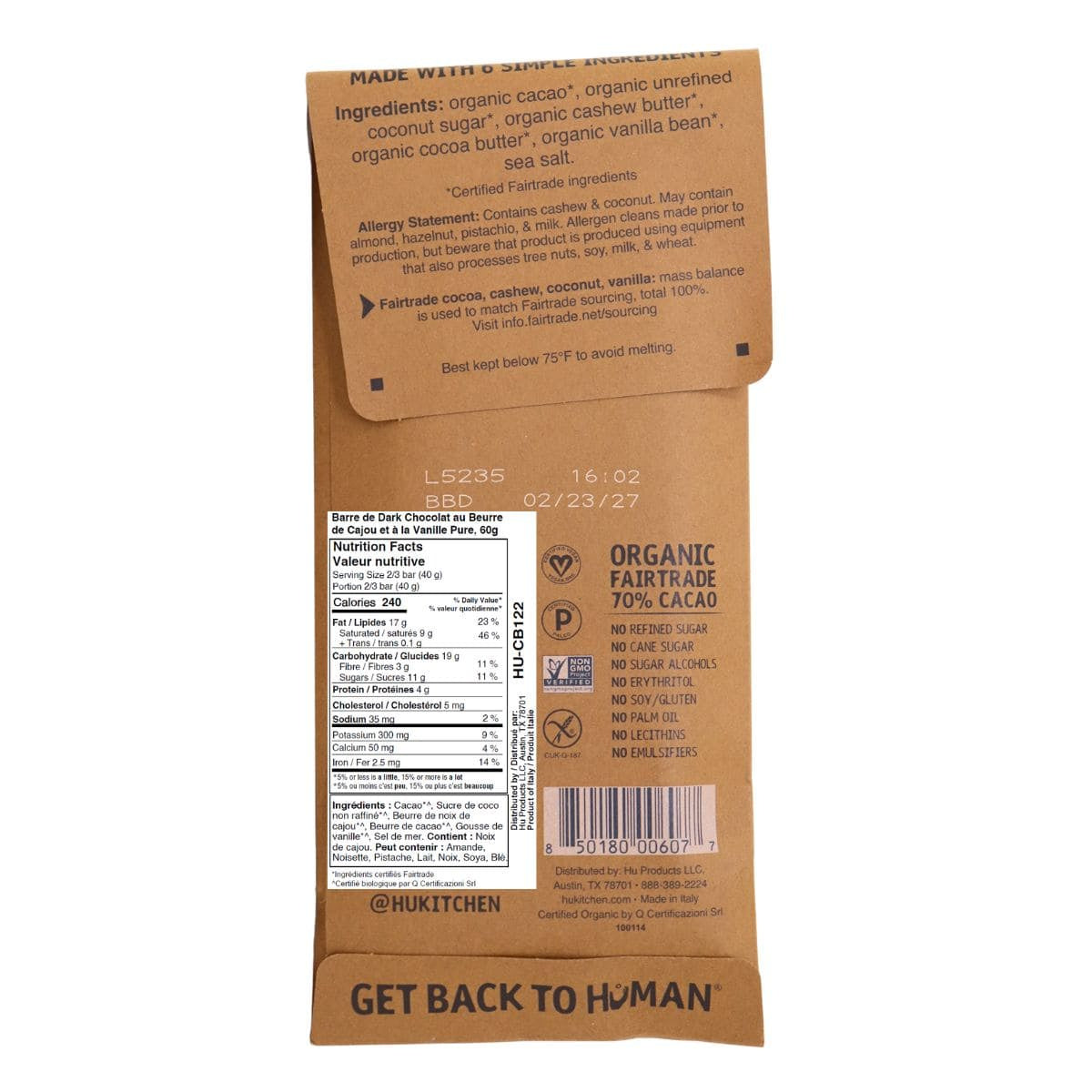 HU Chocolat noir au beurre de cajou et à la vanille pure