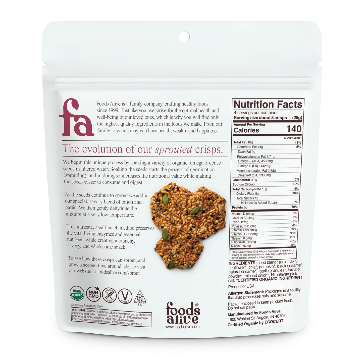 Foods Alive Sprouted Crisps Onion and garlic